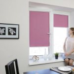 Pink roller blinds on a plastic kitchen window